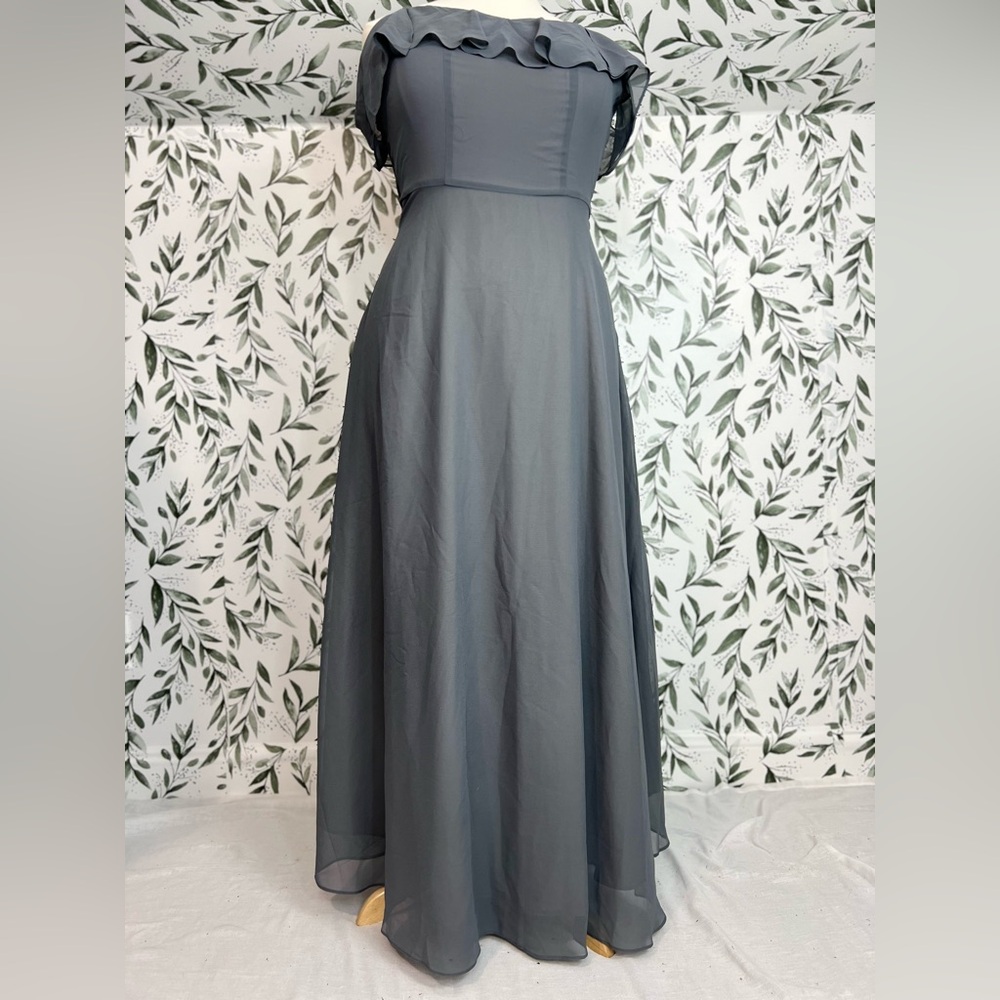Gray Off-Shoulder Ruffle Formal Gown Maxi Dress Sz 14 L Evening Prom Wedding #4 - Picture 5 of 13